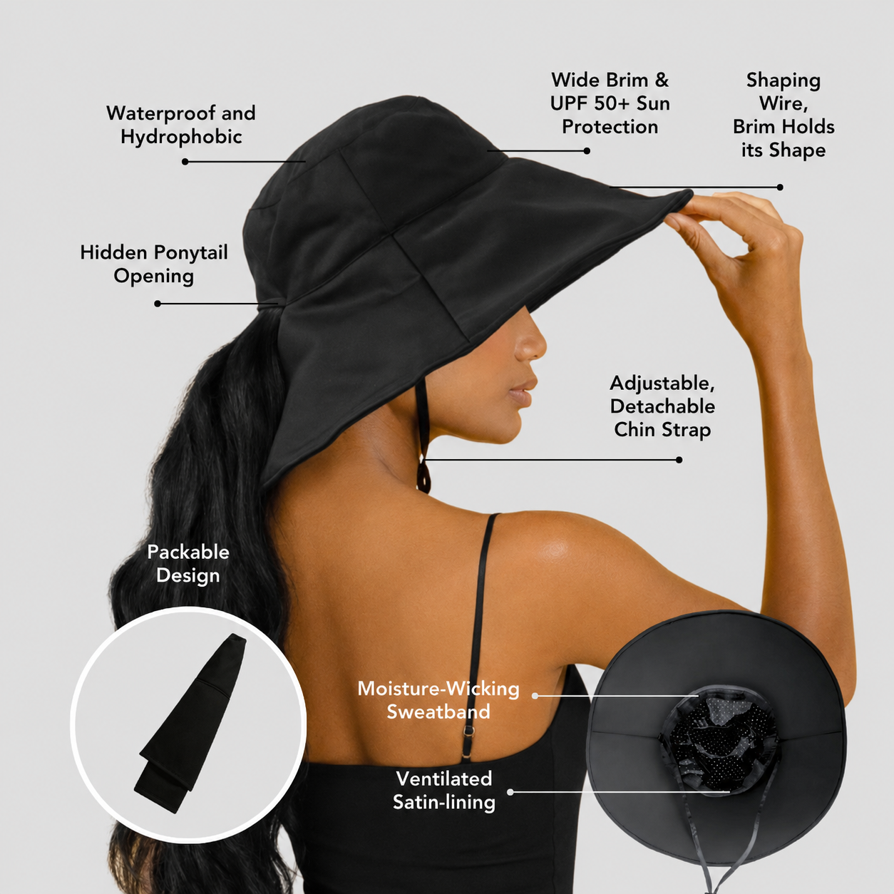 Hairbrella Satin-Lined, Waterproof, Wide Brim Sun Hat